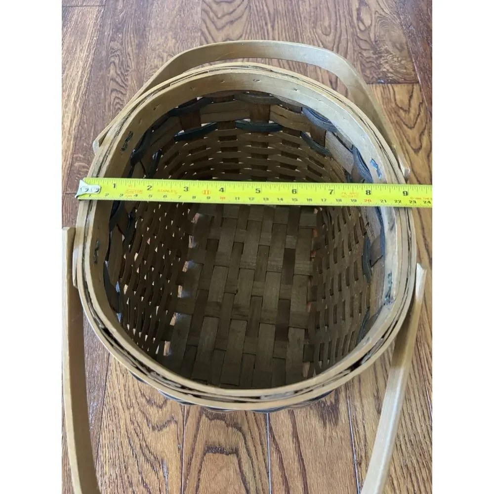VTG Farmhouse Woven Splint Wood Basket Painted Lighthouses Nautical Coastal